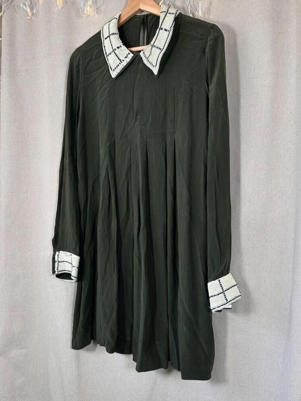 Silk Olive Shift Mini w/ Check Peter Pan Collar & Cuffs | English Ivy–Inspired - Picture 2 of 16